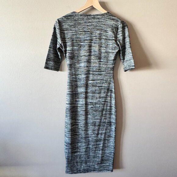 Women's XS Philosophy Half Sleeve Cross Bodice Dress Heathered Black Gray Stripe - Picture 3 of 7